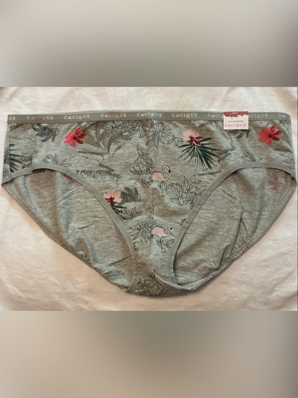 Cacique Gray Tropical Flamingo Bikini Briefs with Pink Accents